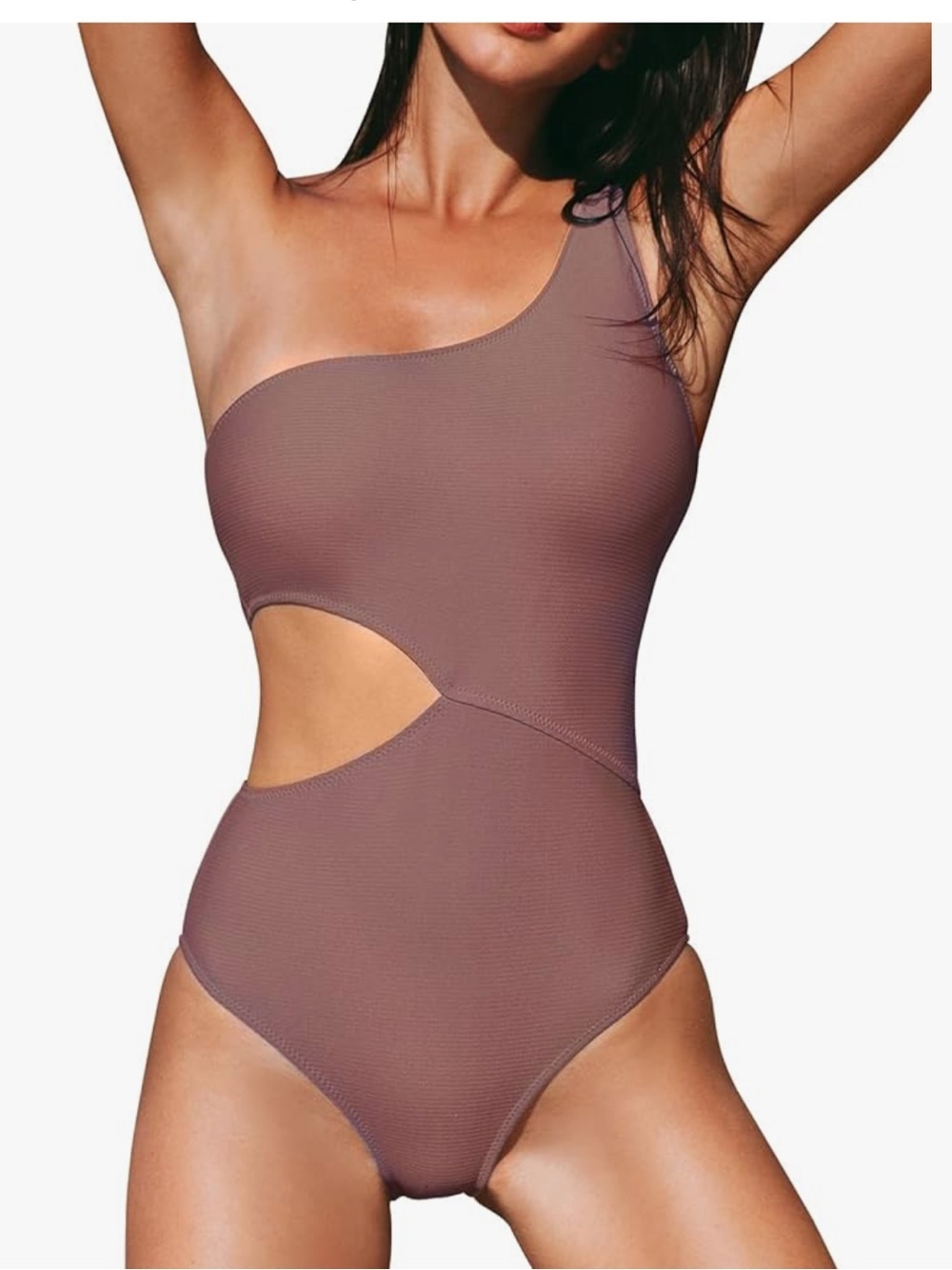 CUPSHE Women's One Piece Swimsuit Scoop Neck Single Strap Geo-Print brown large